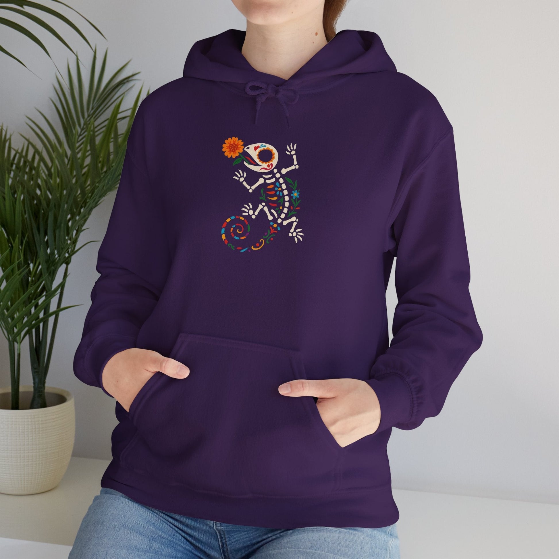 Sugar Skull Lizard Hooded Sweatshirt – Floral Skeleton Charm with Day of the Dead Vibes | Lizard Designs – S Hoodie by Printify