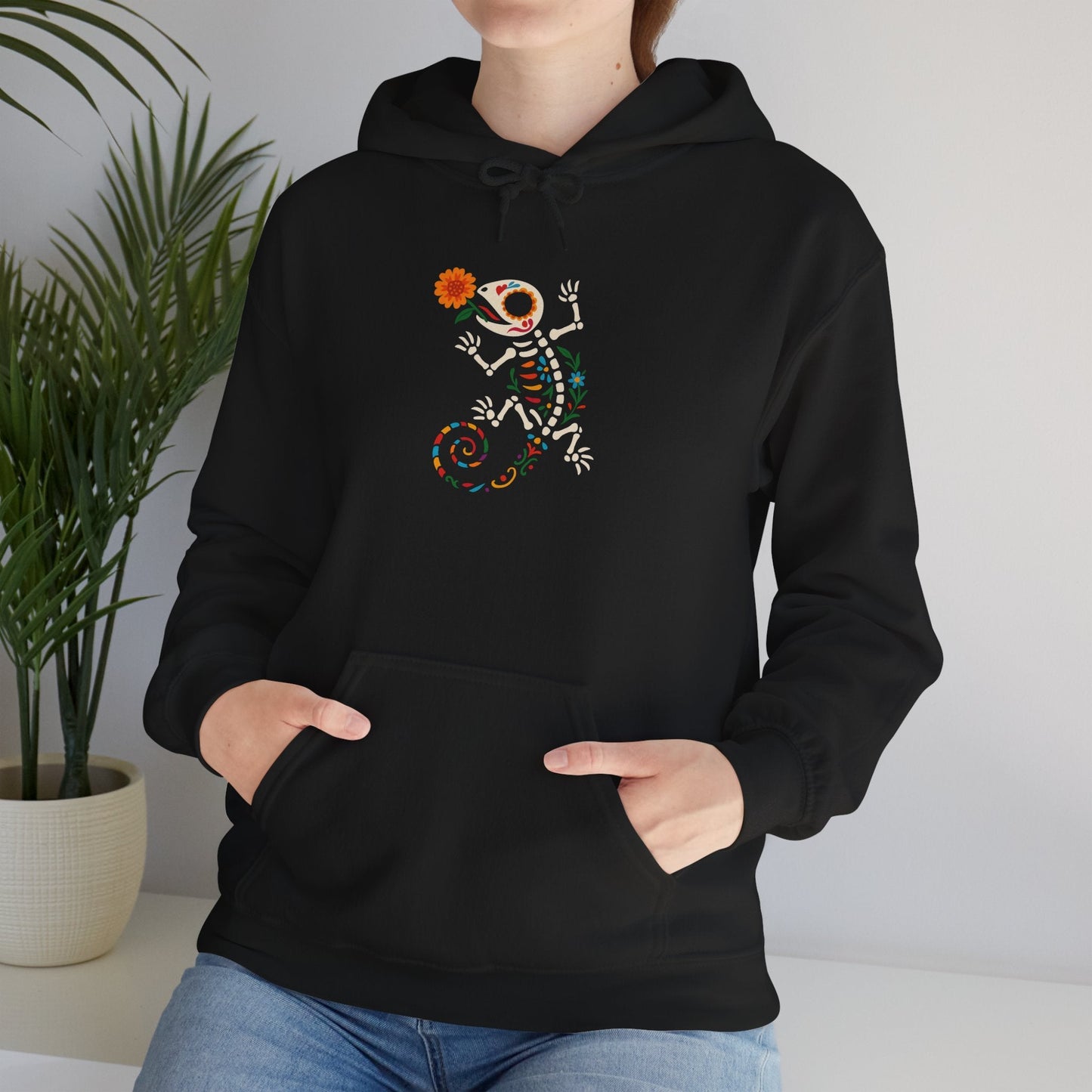 Sugar Skull Lizard Hooded Sweatshirt – Floral Skeleton Charm with Day of the Dead Vibes | Lizard Designs – S Hoodie by Printify