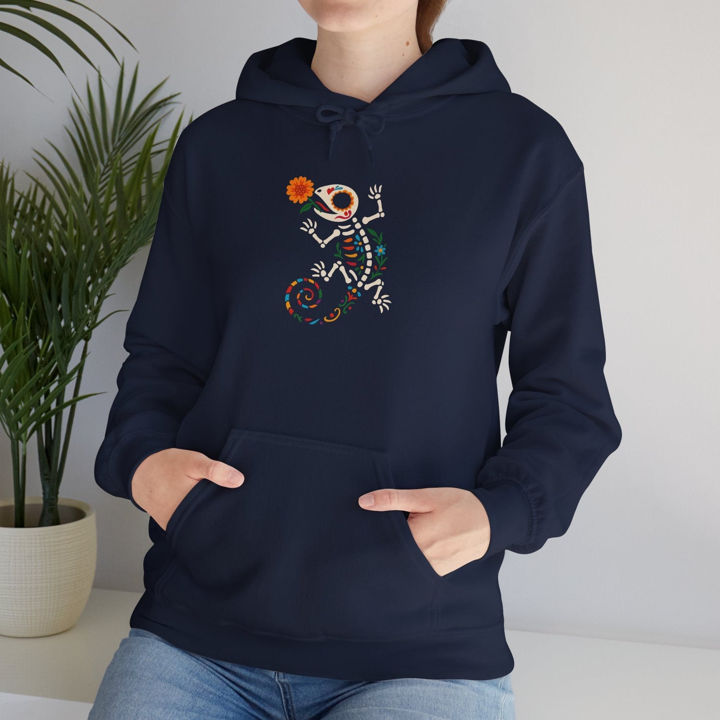 Sugar Skull Lizard Hooded Sweatshirt – Floral Skeleton Charm with Day of the Dead Vibes | Lizard Designs – S Hoodie by Printify