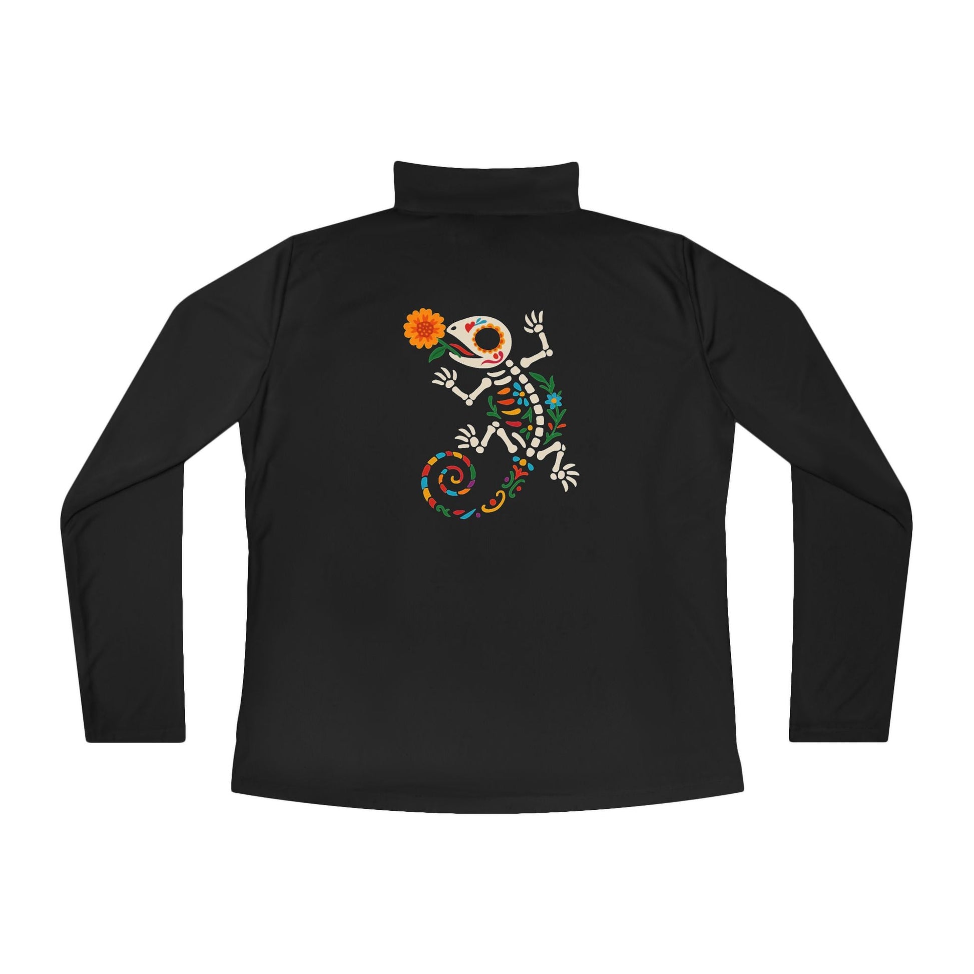 Sugar Skull Lizard Quarter - Zip Pullover – Floral Skeleton Charm with Day of the Dead Vibes | Lizard Designs – Black Long - sleeve by Printify