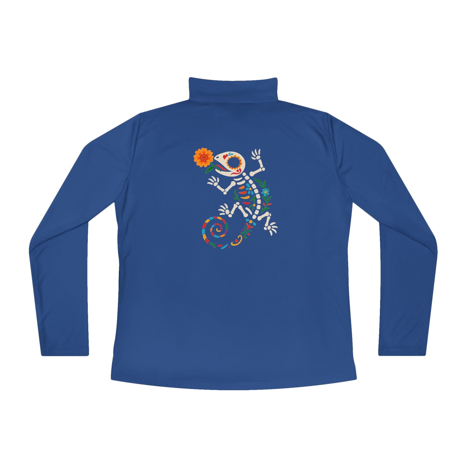 Sugar Skull Lizard Quarter - Zip Pullover – Floral Skeleton Charm with Day of the Dead Vibes | Lizard Designs – True Royal Long - sleeve by Printify