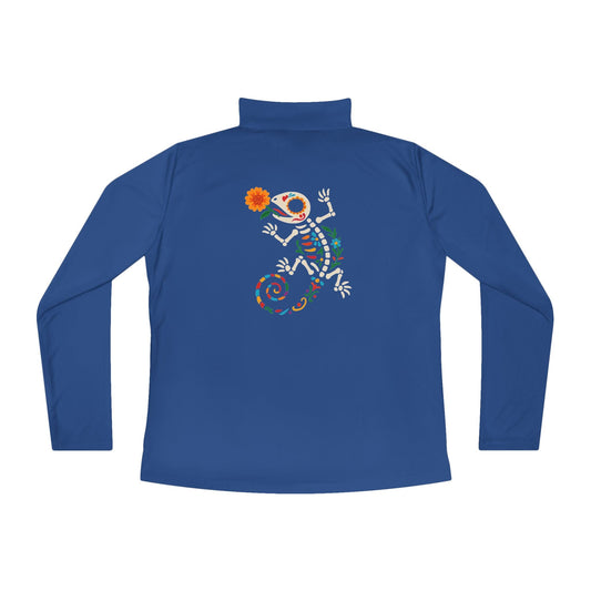 Sugar Skull Lizard Quarter - Zip Pullover – Floral Skeleton Charm with Day of the Dead Vibes | Lizard Designs – True Royal Long - sleeve by Printify