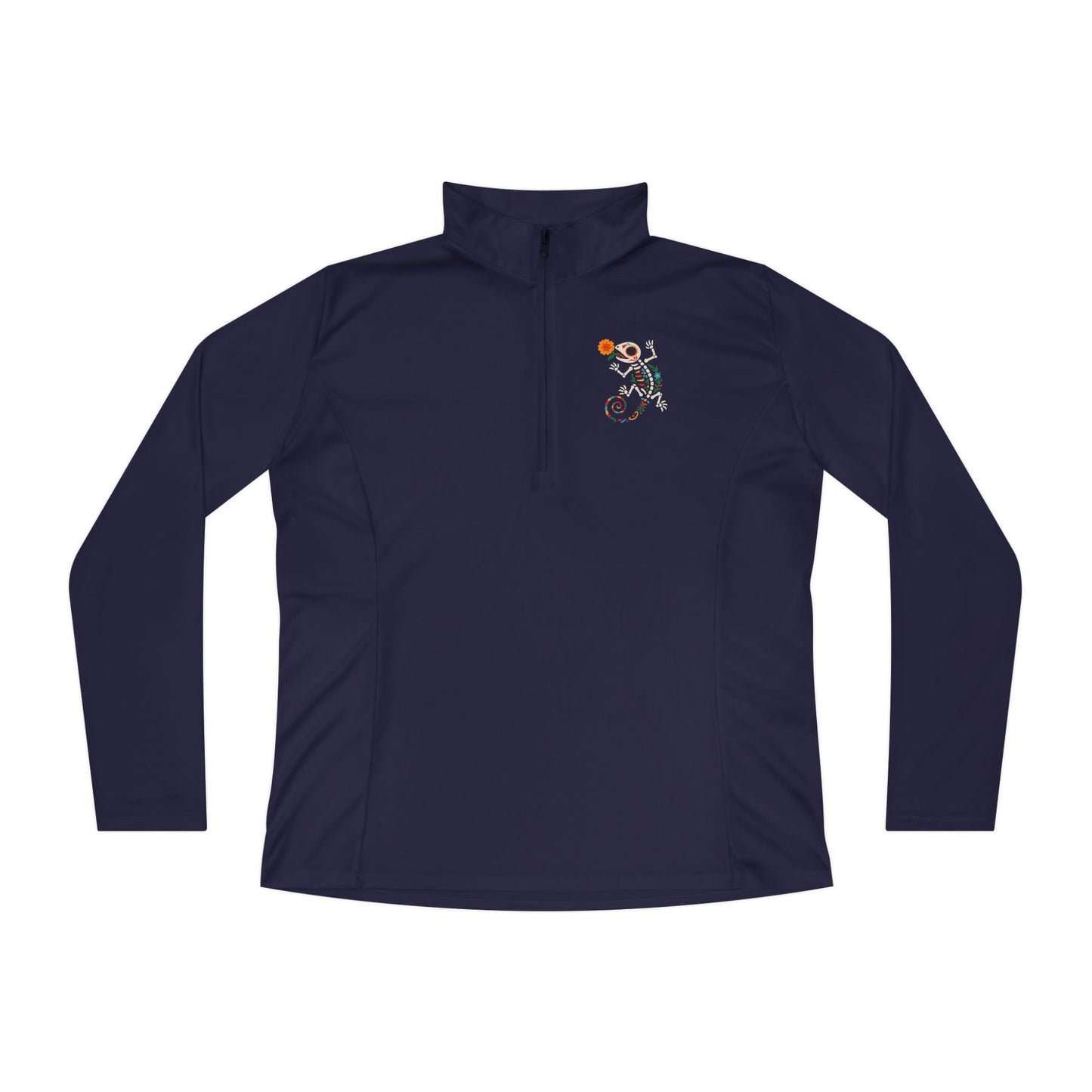 Sugar Skull Lizard Quarter - Zip Pullover – Floral Skeleton Charm with Day of the Dead Vibes | Lizard Designs – True Navy Long - sleeve by Printify