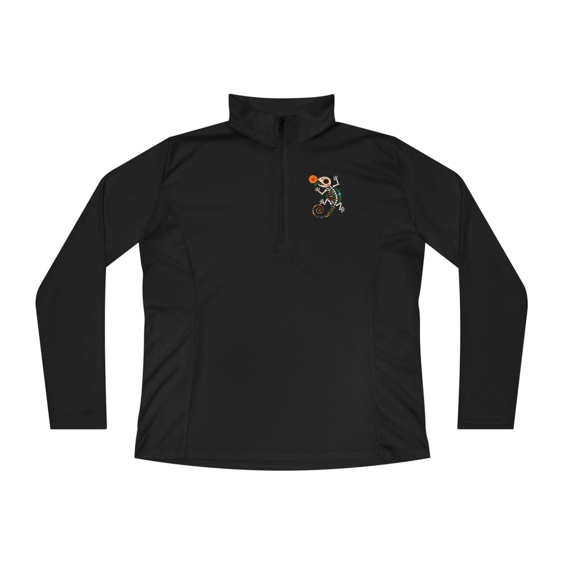 Sugar Skull Lizard Quarter - Zip Pullover – Floral Skeleton Charm with Day of the Dead Vibes | Lizard Designs – Black Long - sleeve by Printify