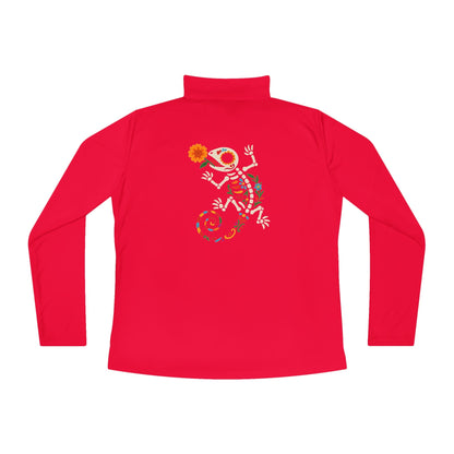 Sugar Skull Lizard Quarter - Zip Pullover – Floral Skeleton Charm with Day of the Dead Vibes | Lizard Designs – True Red Long - sleeve by Printify