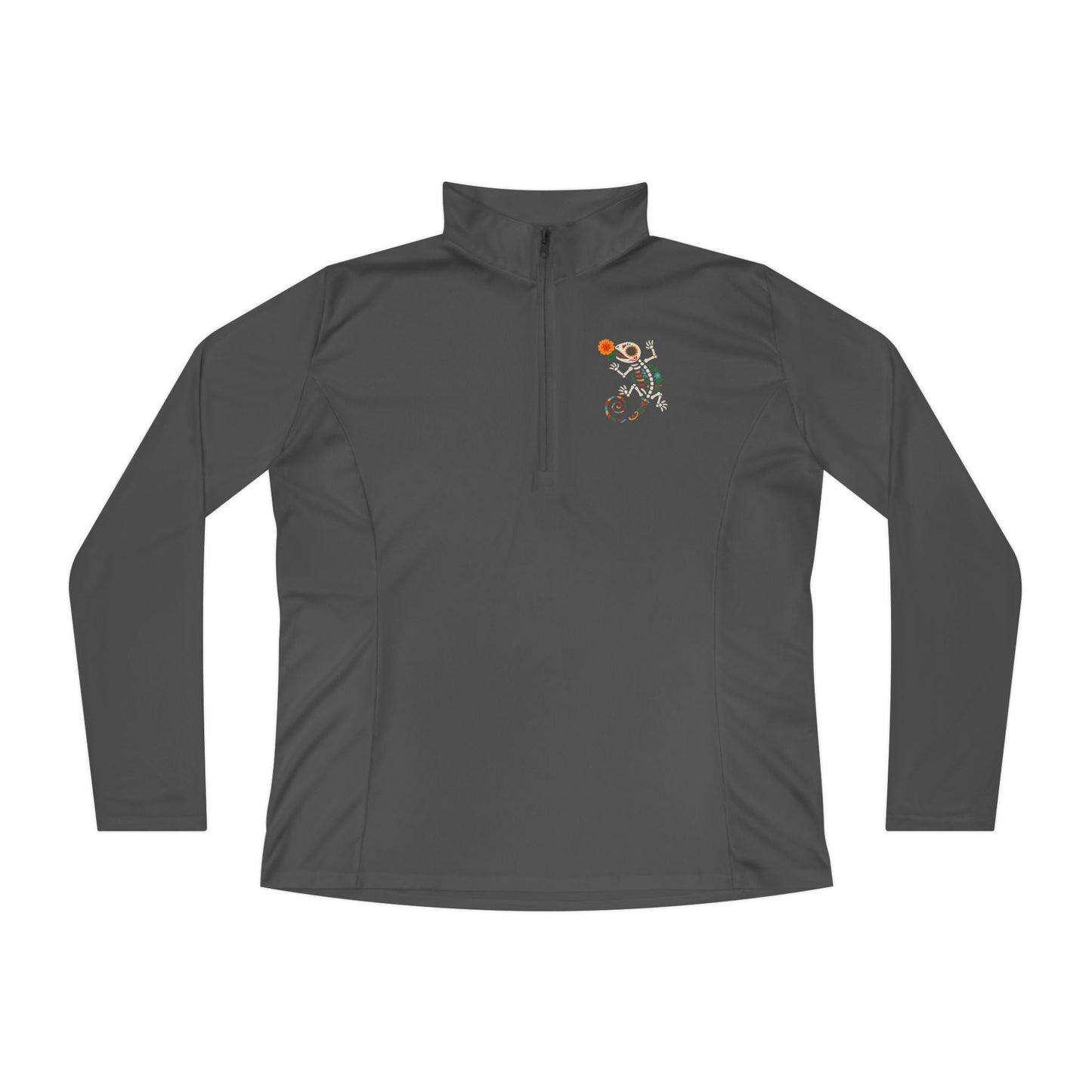 Sugar Skull Lizard Quarter - Zip Pullover – Floral Skeleton Charm with Day of the Dead Vibes | Lizard Designs – Iron Grey Long - sleeve by Printify