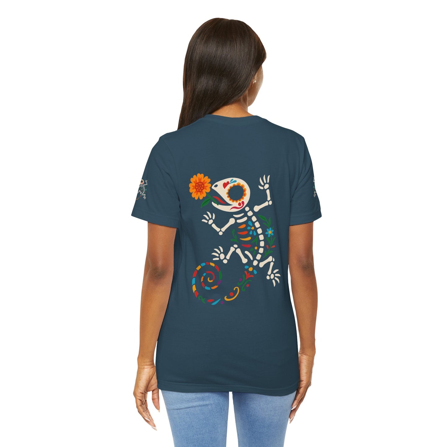Sugar Skull Lizard Tee – Floral Skeleton Charm with Day of the Dead Vibes | Lizard Designs Shirt – Deep Teal T-Shirt by Printify