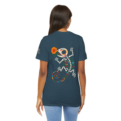 Sugar Skull Lizard Tee – Floral Skeleton Charm with Day of the Dead Vibes | Lizard Designs Shirt – Deep Teal T-Shirt by Printify
