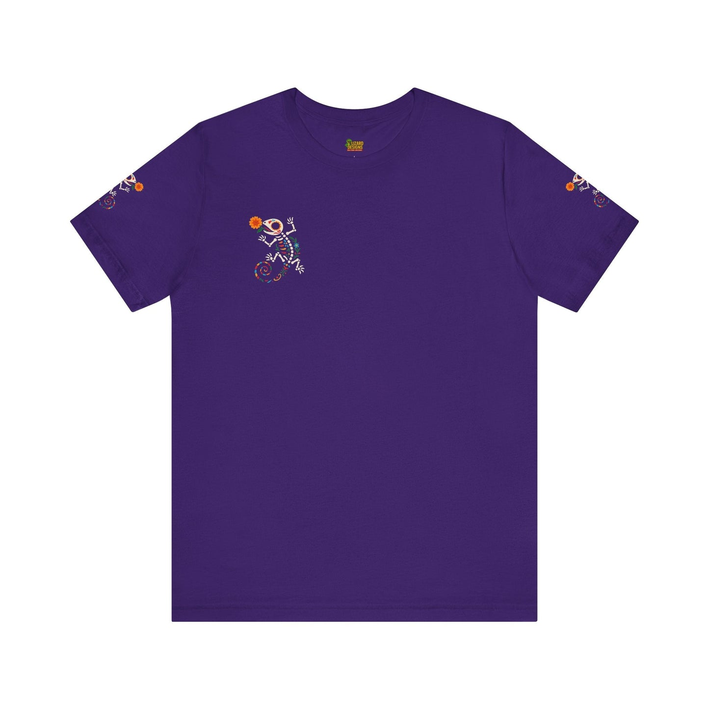 Sugar Skull Lizard Tee – Floral Skeleton Charm with Day of the Dead Vibes | Lizard Designs Shirt – Team Purple T-Shirt by Printify
