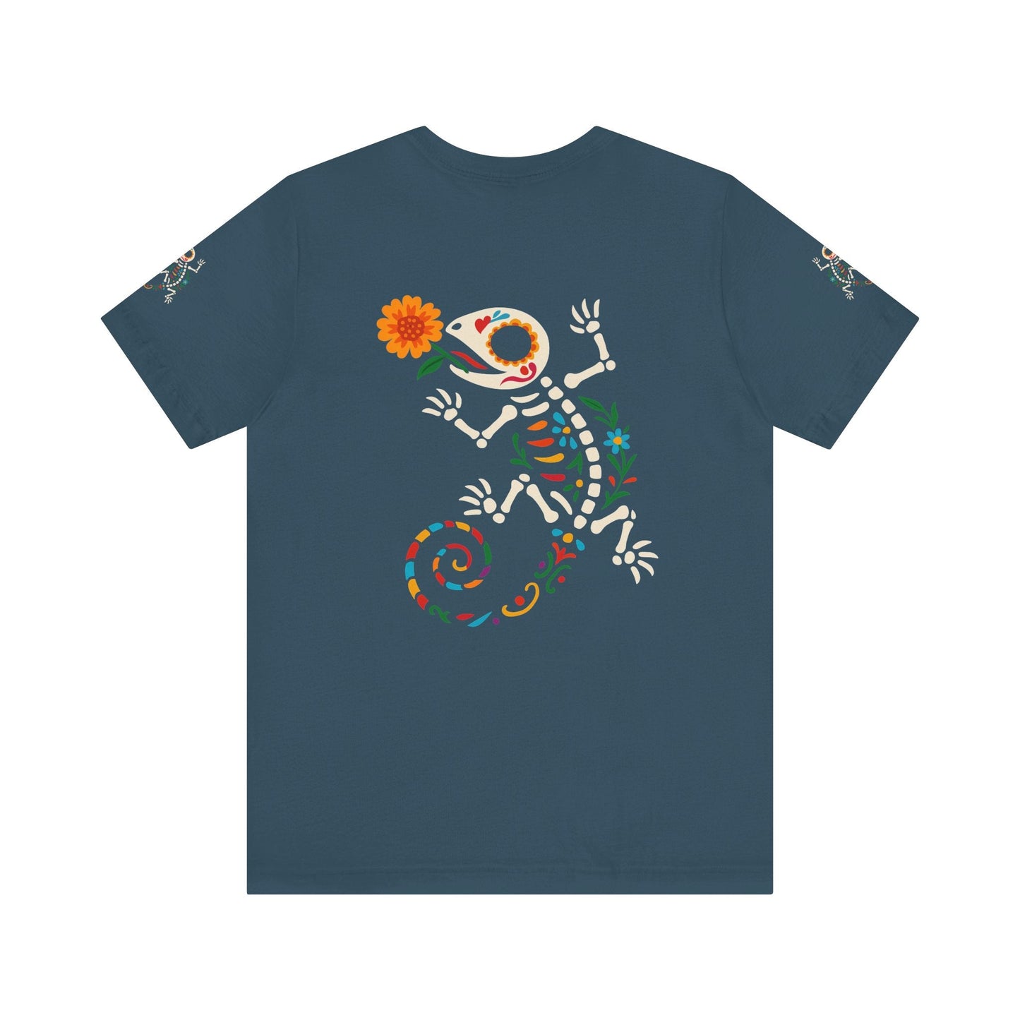 Sugar Skull Lizard Tee – Floral Skeleton Charm with Day of the Dead Vibes | Lizard Designs Shirt – Deep Teal T-Shirt by Printify