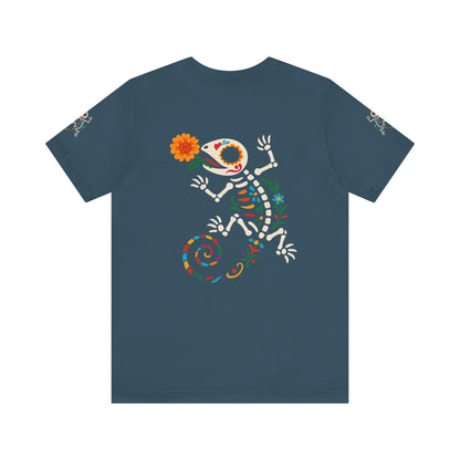 Sugar Skull Lizard Tee – Floral Skeleton Charm with Day of the Dead Vibes | Lizard Designs Shirt – Deep Teal T-Shirt by Printify