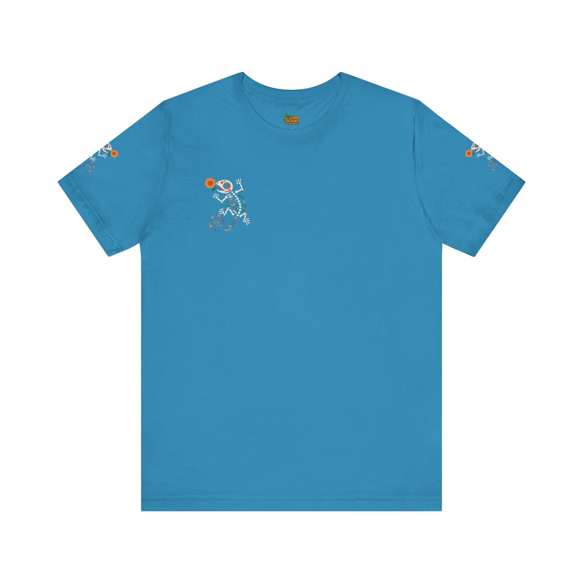 Sugar Skull Lizard Tee – Floral Skeleton Charm with Day of the Dead Vibes | Lizard Designs Shirt – Aqua T-Shirt by Printify
