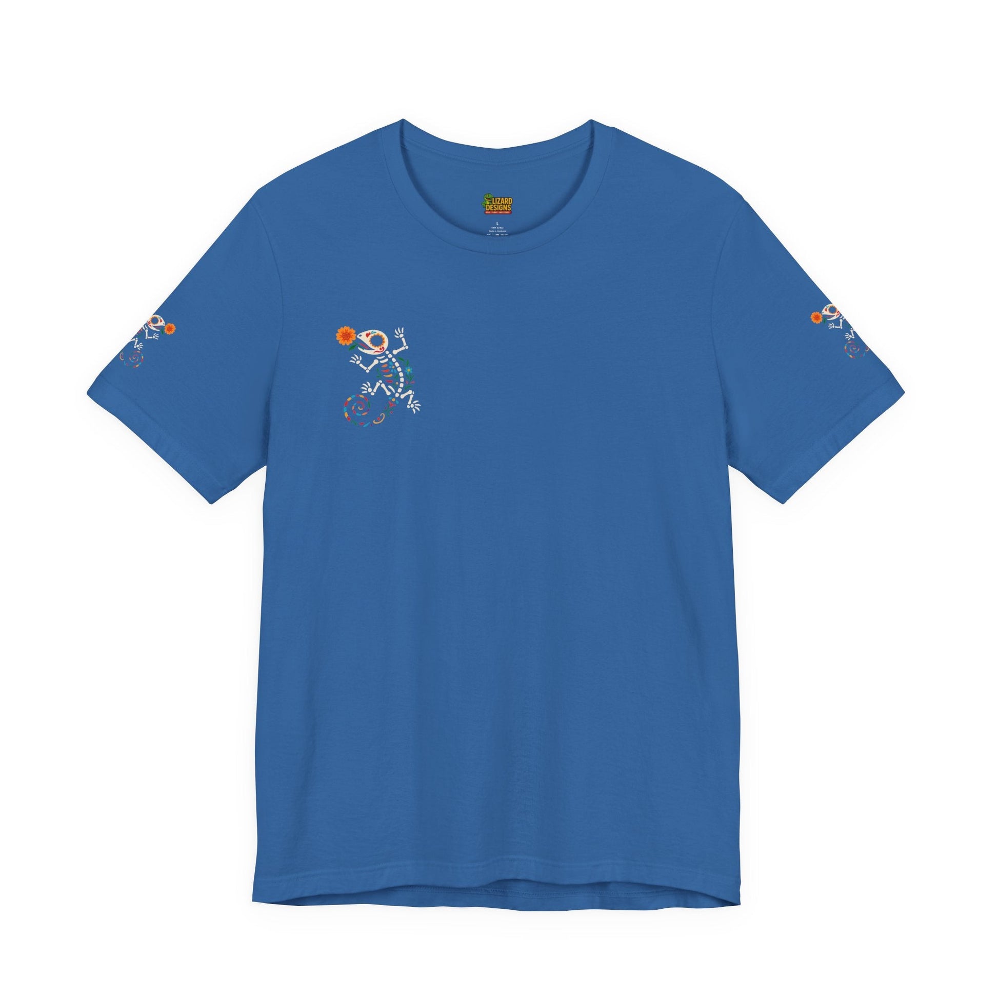Sugar Skull Lizard Tee – Floral Skeleton Charm with Day of the Dead Vibes | Lizard Designs Shirt – Columbia Blue T-Shirt by Printify