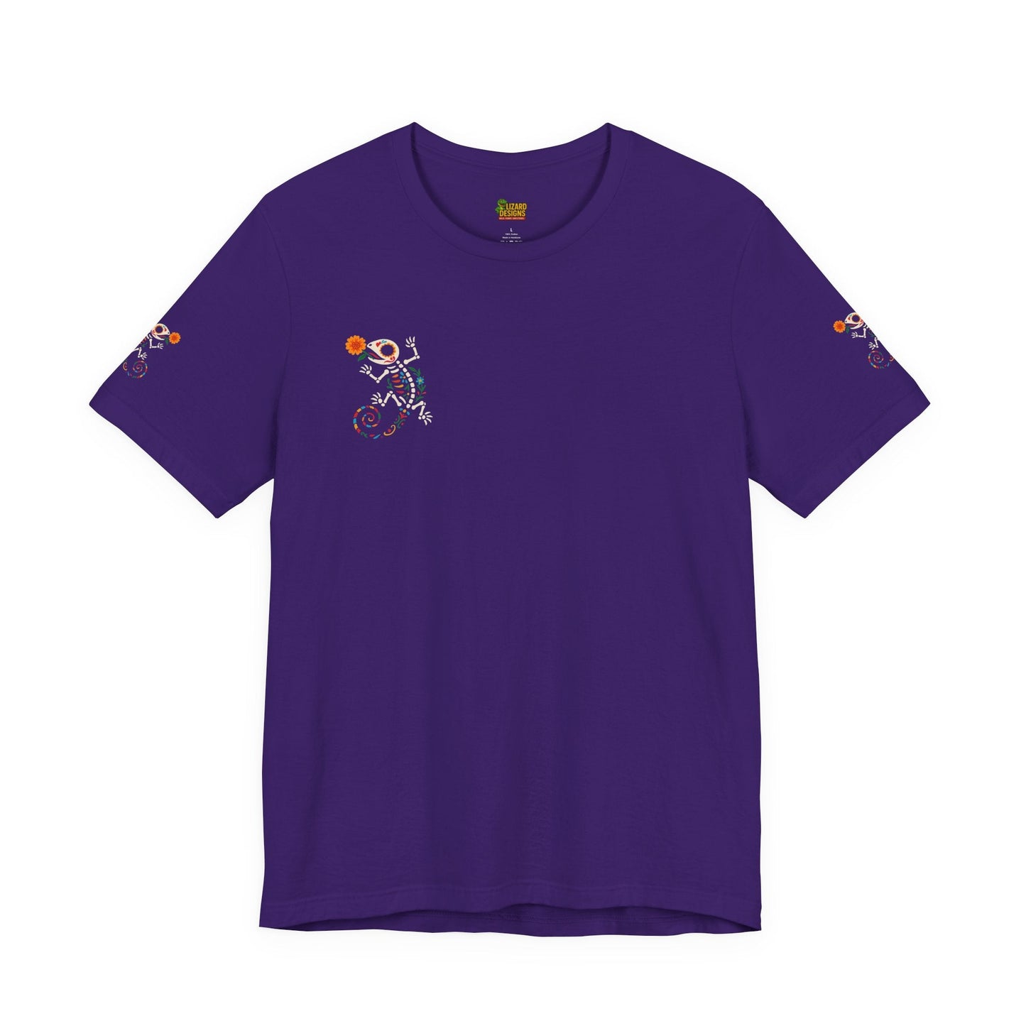 Sugar Skull Lizard Tee – Floral Skeleton Charm with Day of the Dead Vibes | Lizard Designs Shirt – Team Purple T-Shirt by Printify