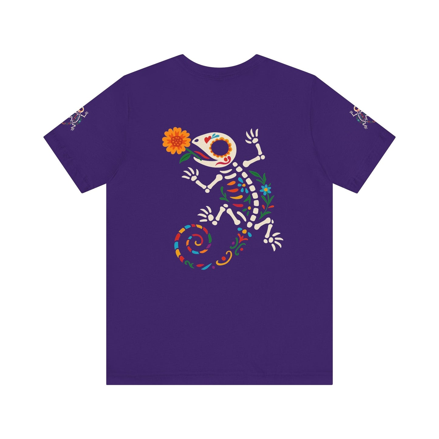 Sugar Skull Lizard Tee – Floral Skeleton Charm with Day of the Dead Vibes | Lizard Designs Shirt – Team Purple T-Shirt by Printify