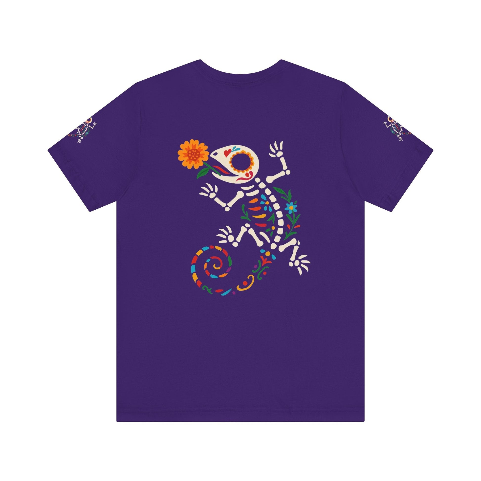 Sugar Skull Lizard Tee – Floral Skeleton Charm with Day of the Dead Vibes | Lizard Designs Shirt – Team Purple T-Shirt by Printify