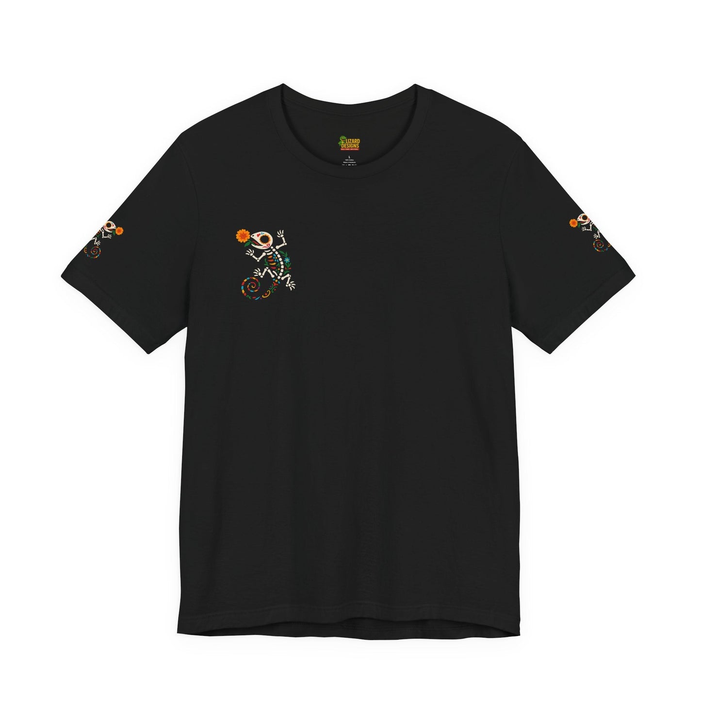Sugar Skull Lizard Tee – Floral Skeleton Charm with Day of the Dead Vibes | Lizard Designs Shirt – Black T-Shirt by Printify
