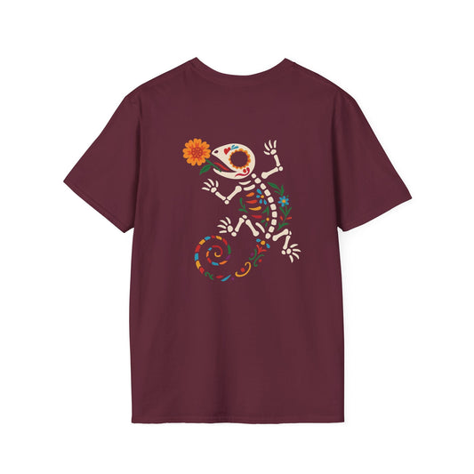 Sugar Skull Lizard Tee – Floral Skeleton Charm with Day of the Dead Vibes | Lizard Designs Shirt – Maroon T-Shirt for casual wear (2 view)