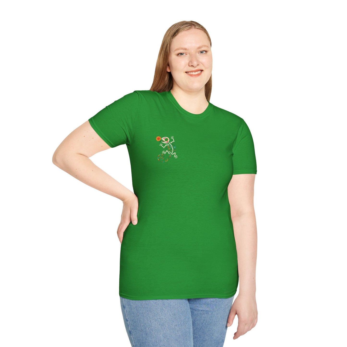 Sugar Skull Lizard Tee – Floral Skeleton Charm with Day of the Dead Vibes | Lizard Designs Shirt – Irish Green T-Shirt by Printify