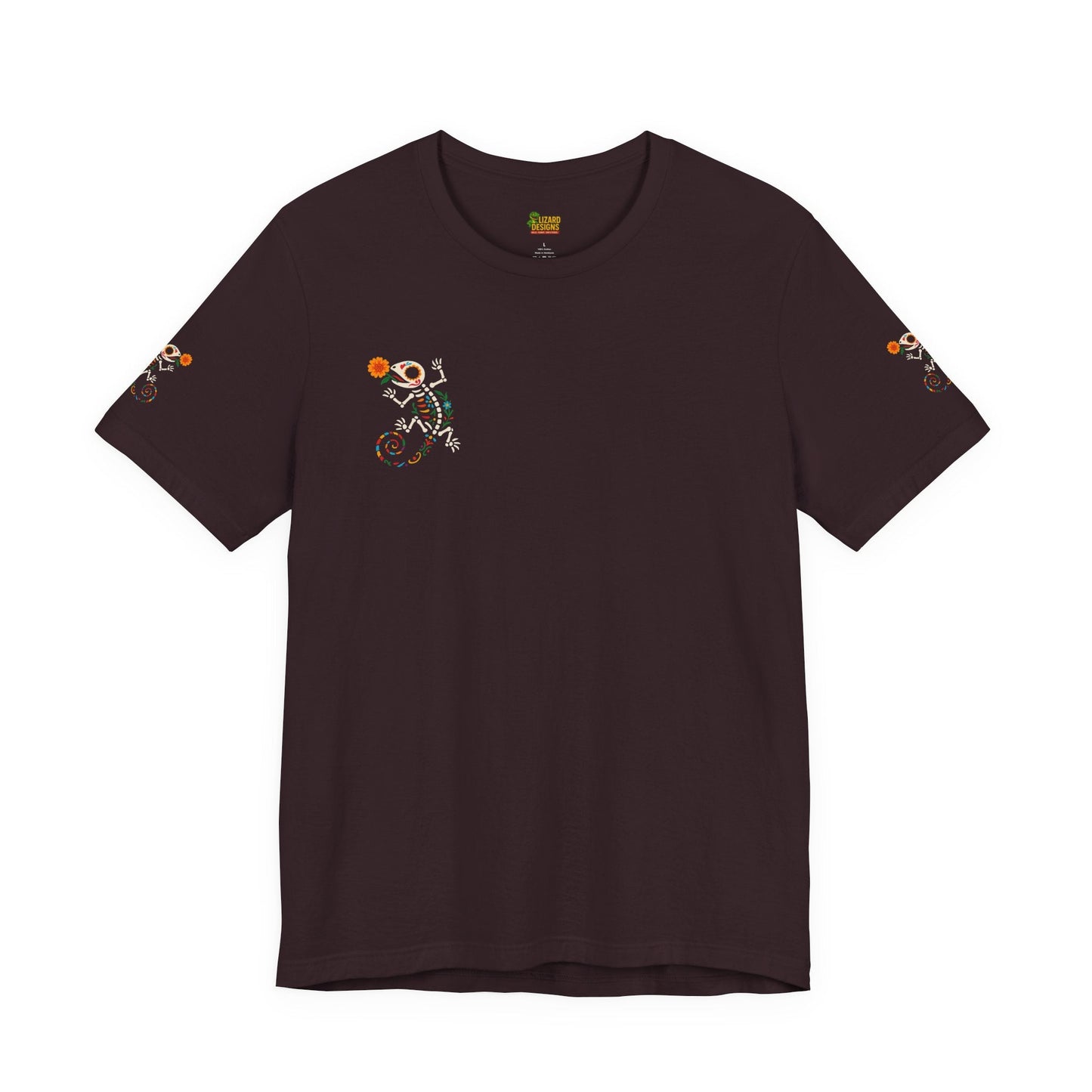 Sugar Skull Lizard Tee – Floral Skeleton Charm with Day of the Dead Vibes | Lizard Designs Shirt – Oxblood Black T-Shirt by Printify