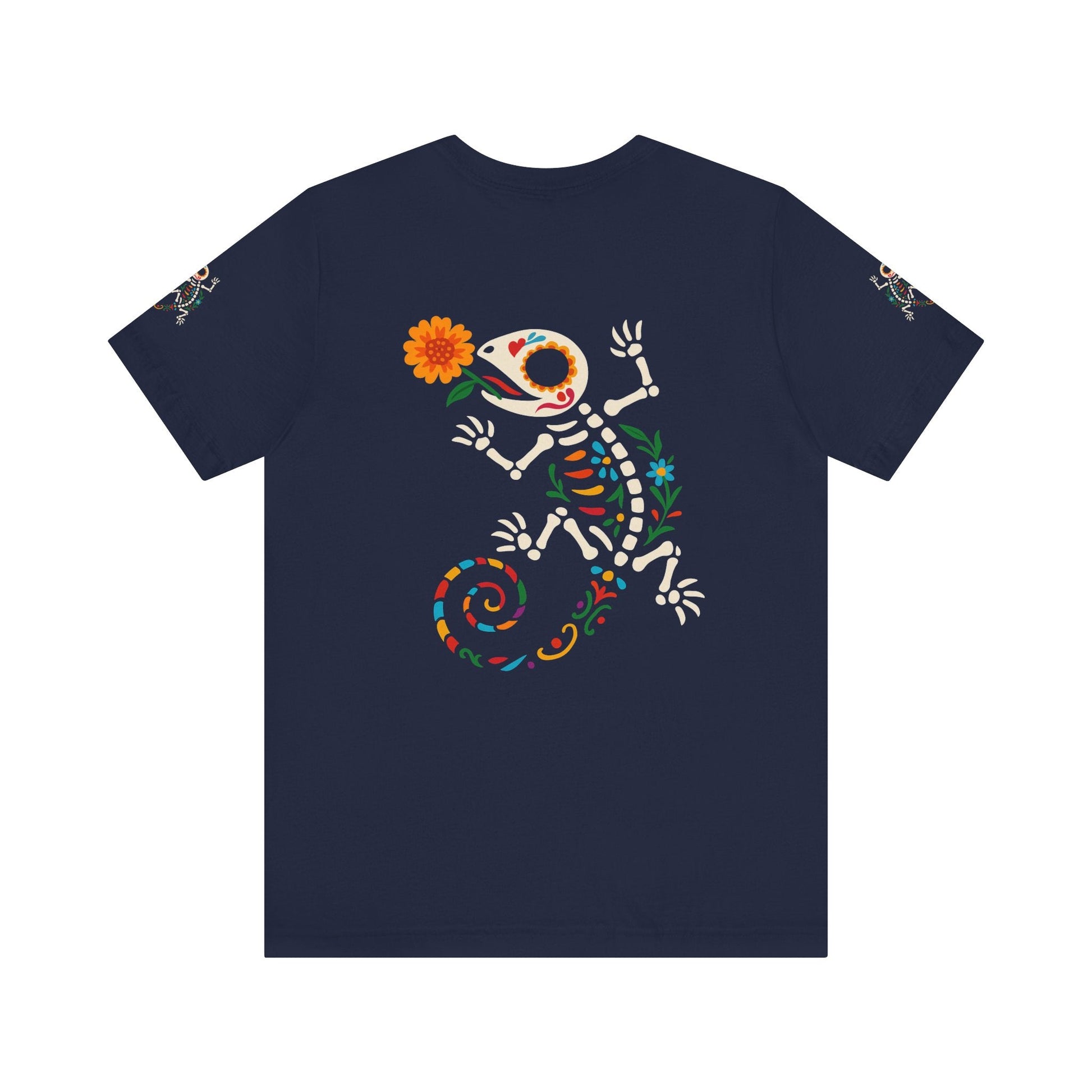 Sugar Skull Lizard Tee – Floral Skeleton Charm with Day of the Dead Vibes | Lizard Designs Shirt – Navy T-Shirt by Printify