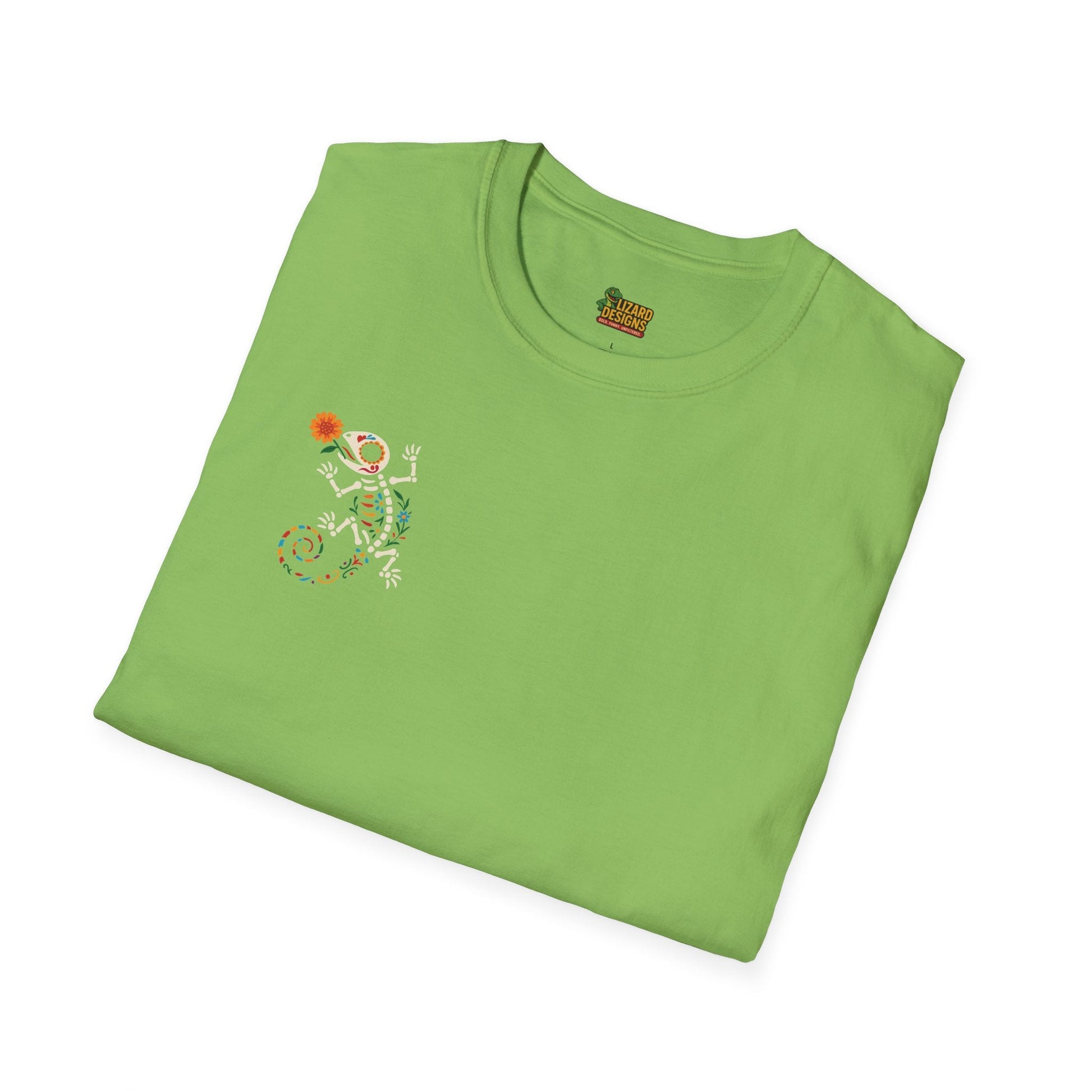 Sugar Skull Lizard Tee – Floral Skeleton Charm with Day of the Dead Vibes | Lizard Designs Shirt – Lime T-Shirt for casual wear (23 view)