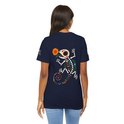 Sugar Skull Lizard Tee – Floral Skeleton Charm with Day of the Dead Vibes | Lizard Designs Shirt – Navy T-Shirt by Printify