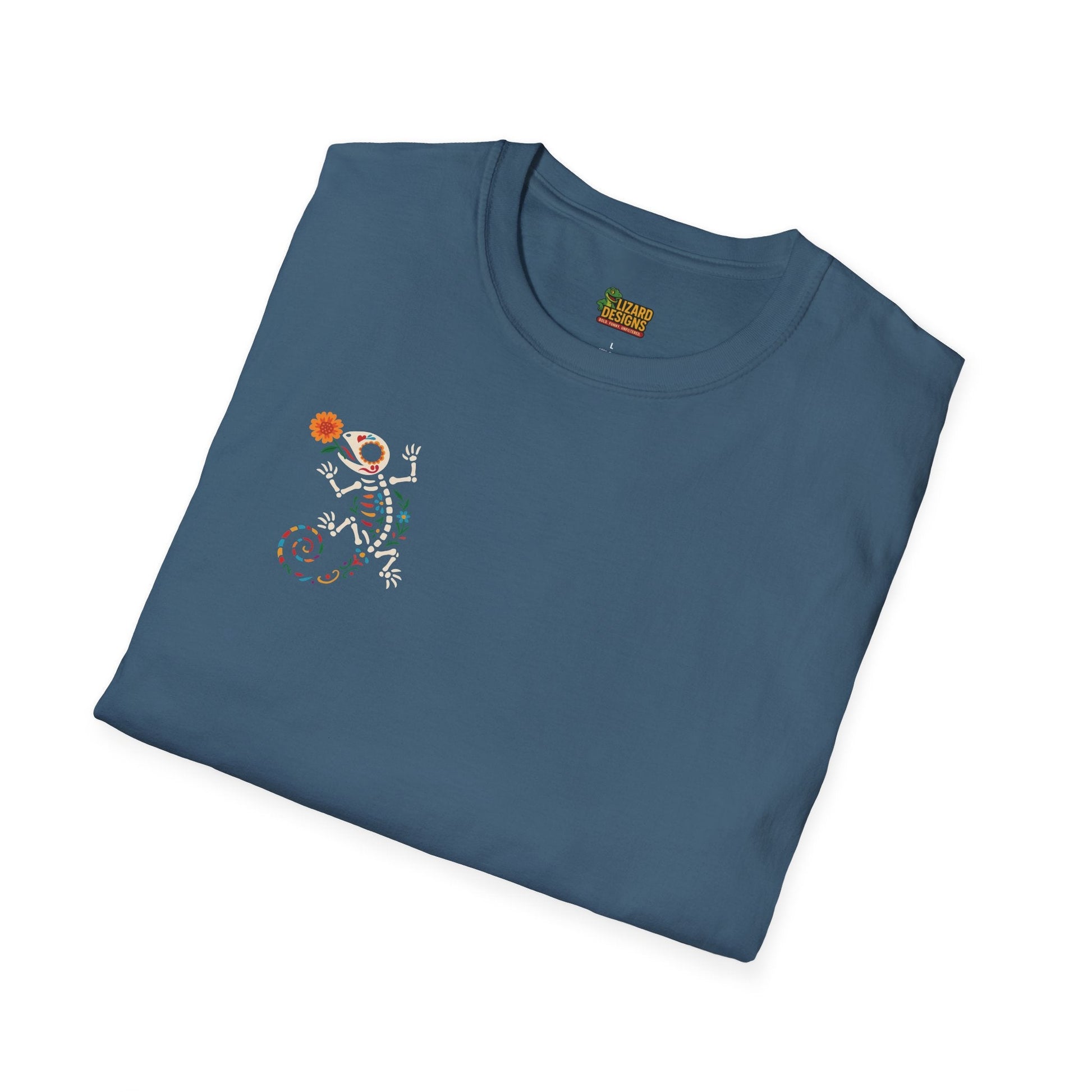 Sugar Skull Lizard Tee – Floral Skeleton Charm with Day of the Dead Vibes | Lizard Designs Shirt – Indigo Blue T-Shirt for casual wear (38 view)