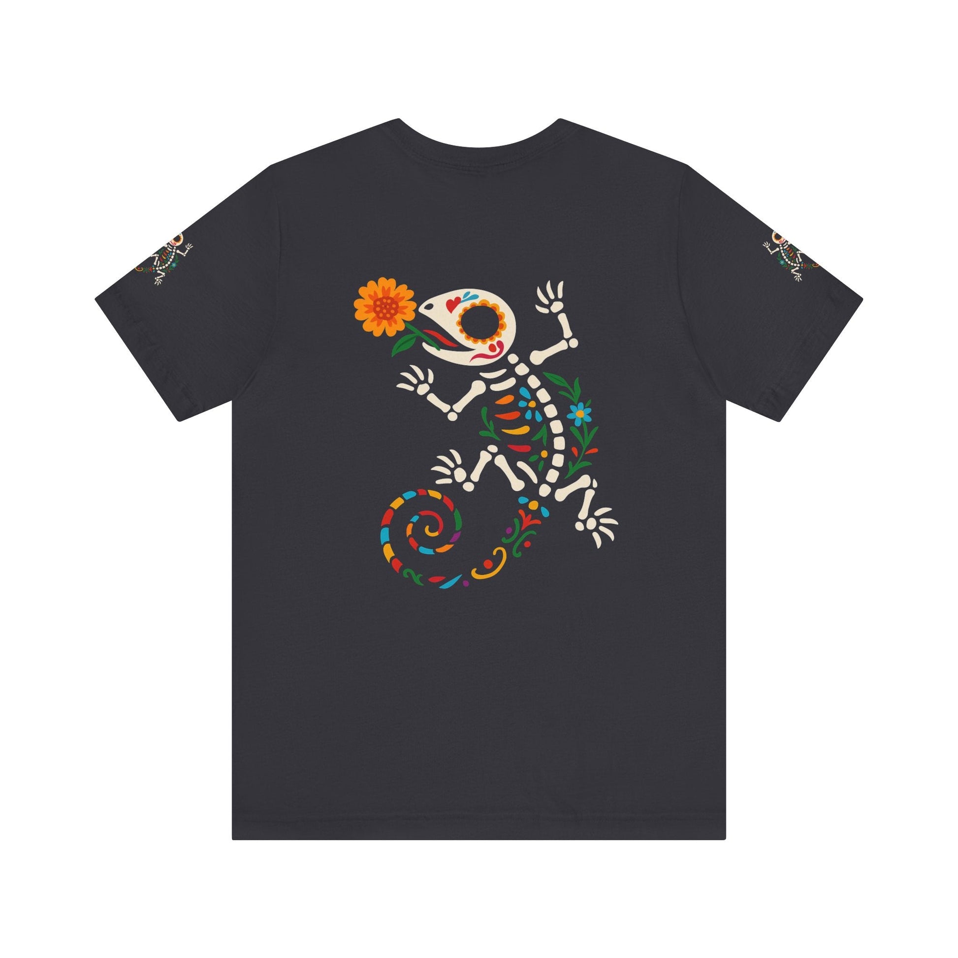 Sugar Skull Lizard Tee – Floral Skeleton Charm with Day of the Dead Vibes | Lizard Designs Shirt – Dark Grey T-Shirt by Printify