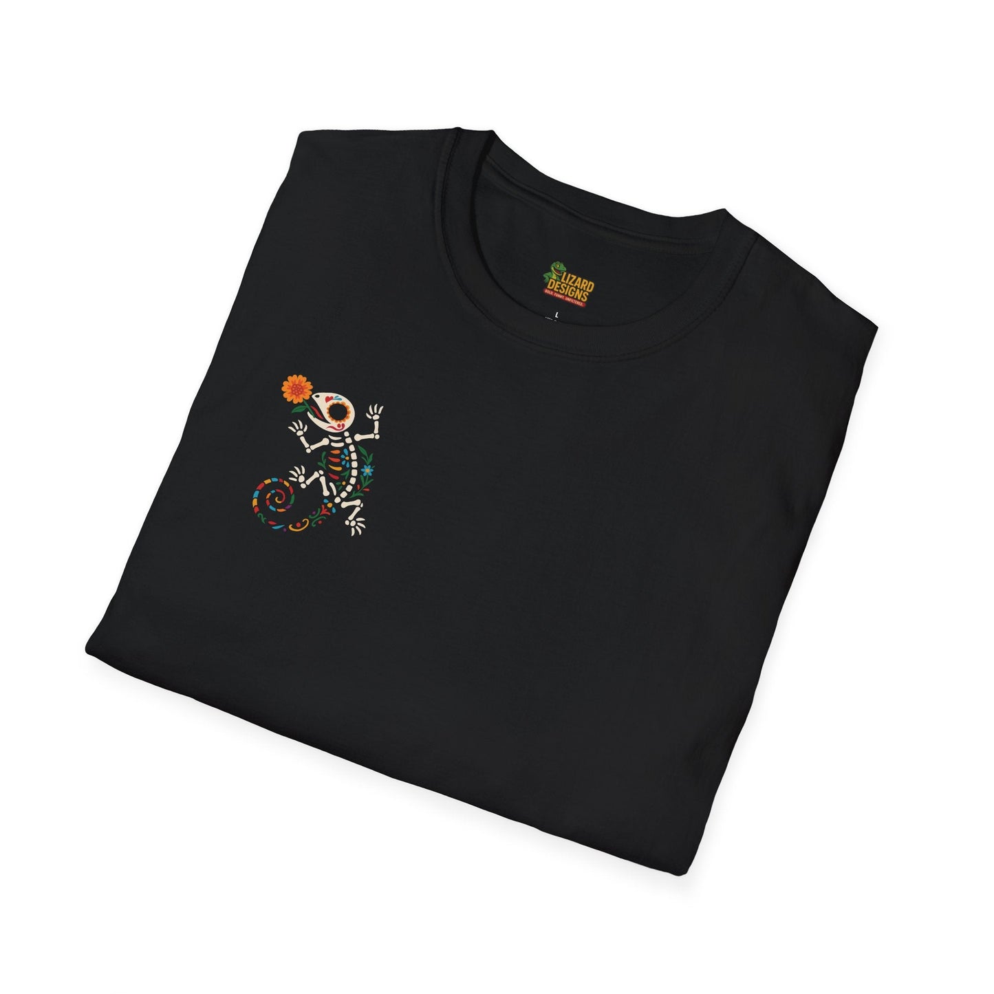 Sugar Skull Lizard Tee – Floral Skeleton Charm with Day of the Dead Vibes | Lizard Designs Shirt – Black T-Shirt for casual wear (8 view)