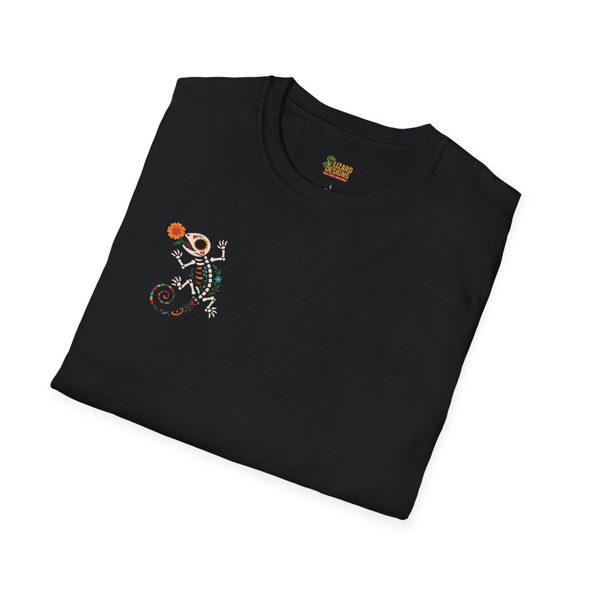 Sugar Skull Lizard Tee – Floral Skeleton Charm with Day of the Dead Vibes | Lizard Designs Shirt – Black T-Shirt for casual wear (8 view)