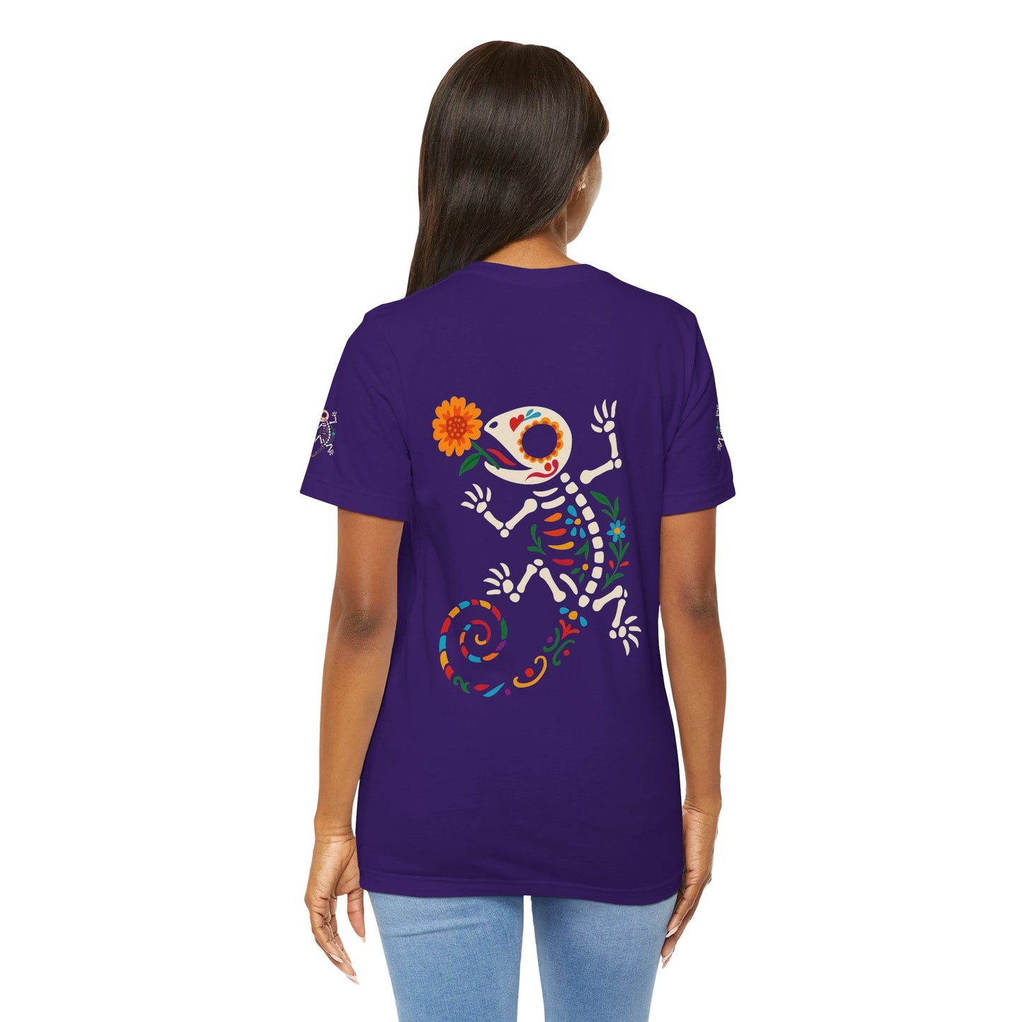 Sugar Skull Lizard Tee – Floral Skeleton Charm with Day of the Dead Vibes | Lizard Designs Shirt – Team Purple T-Shirt by Printify