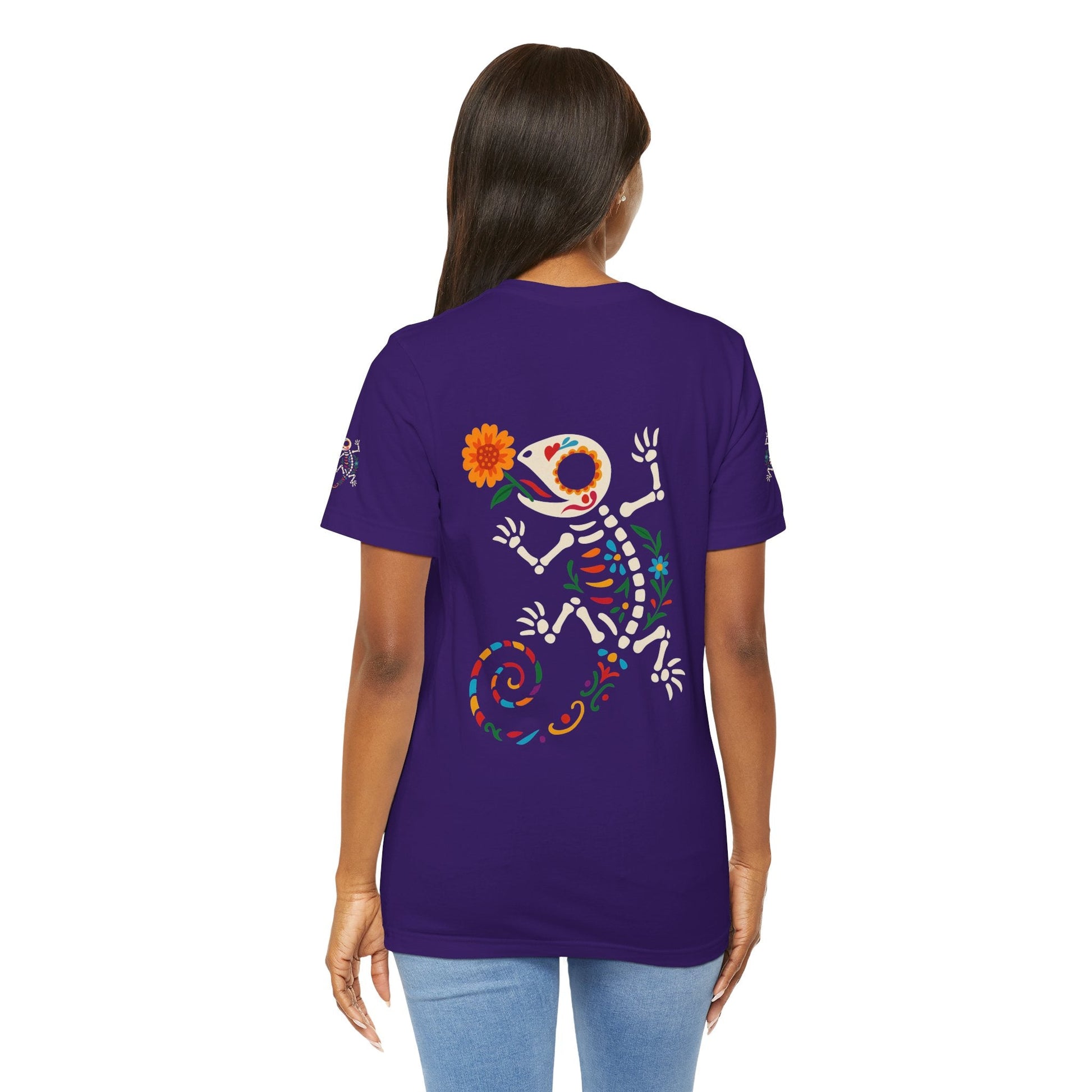 Sugar Skull Lizard Tee – Floral Skeleton Charm with Day of the Dead Vibes | Lizard Designs Shirt – Team Purple T-Shirt by Printify
