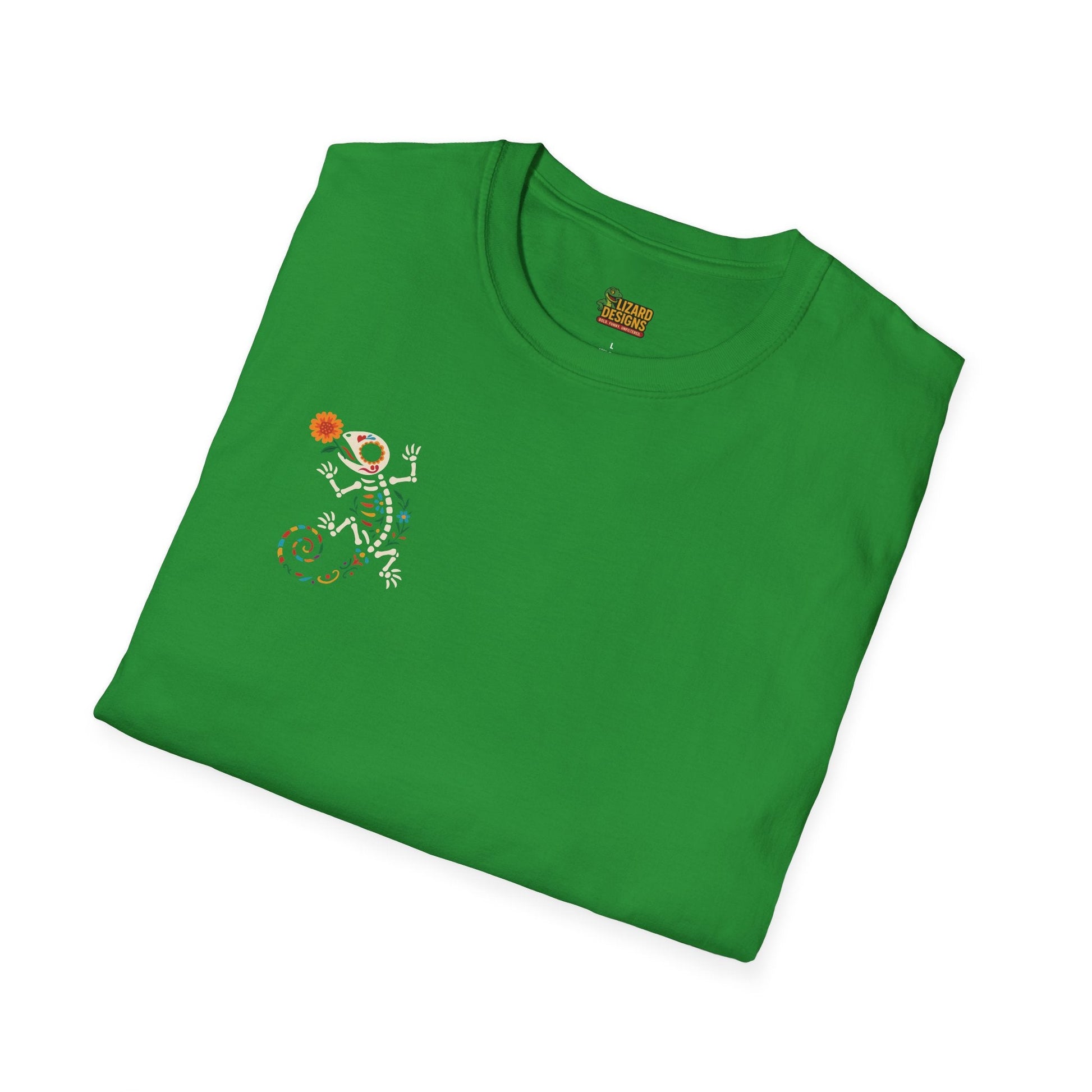 Sugar Skull Lizard Tee – Floral Skeleton Charm with Day of the Dead Vibes | Lizard Designs Shirt – Irish Green T-Shirt for casual wear (28 view)