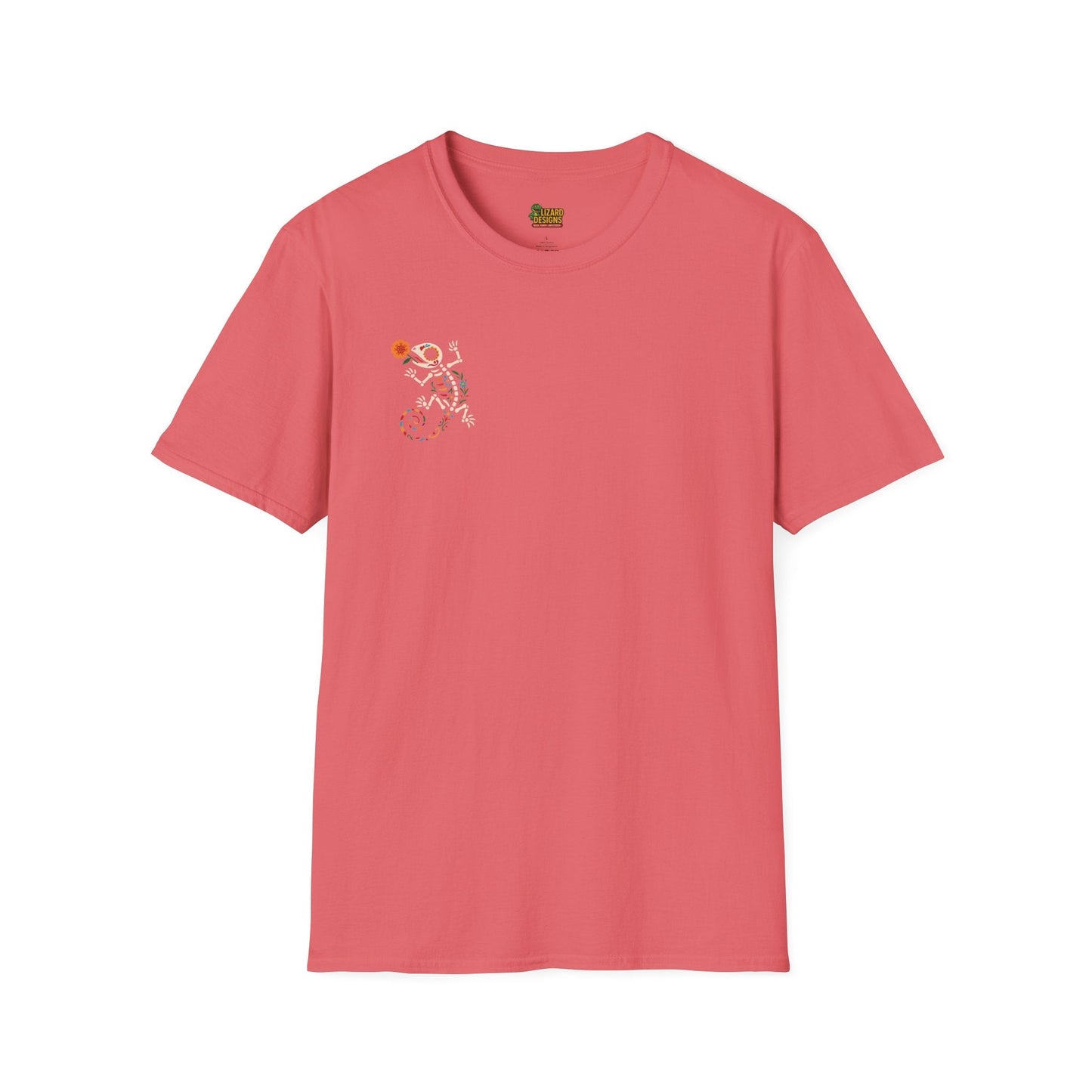 Sugar Skull Lizard Tee – Floral Skeleton Charm with Day of the Dead Vibes | Lizard Designs Shirt – Coral Silk T-Shirt for casual wear (11 view)