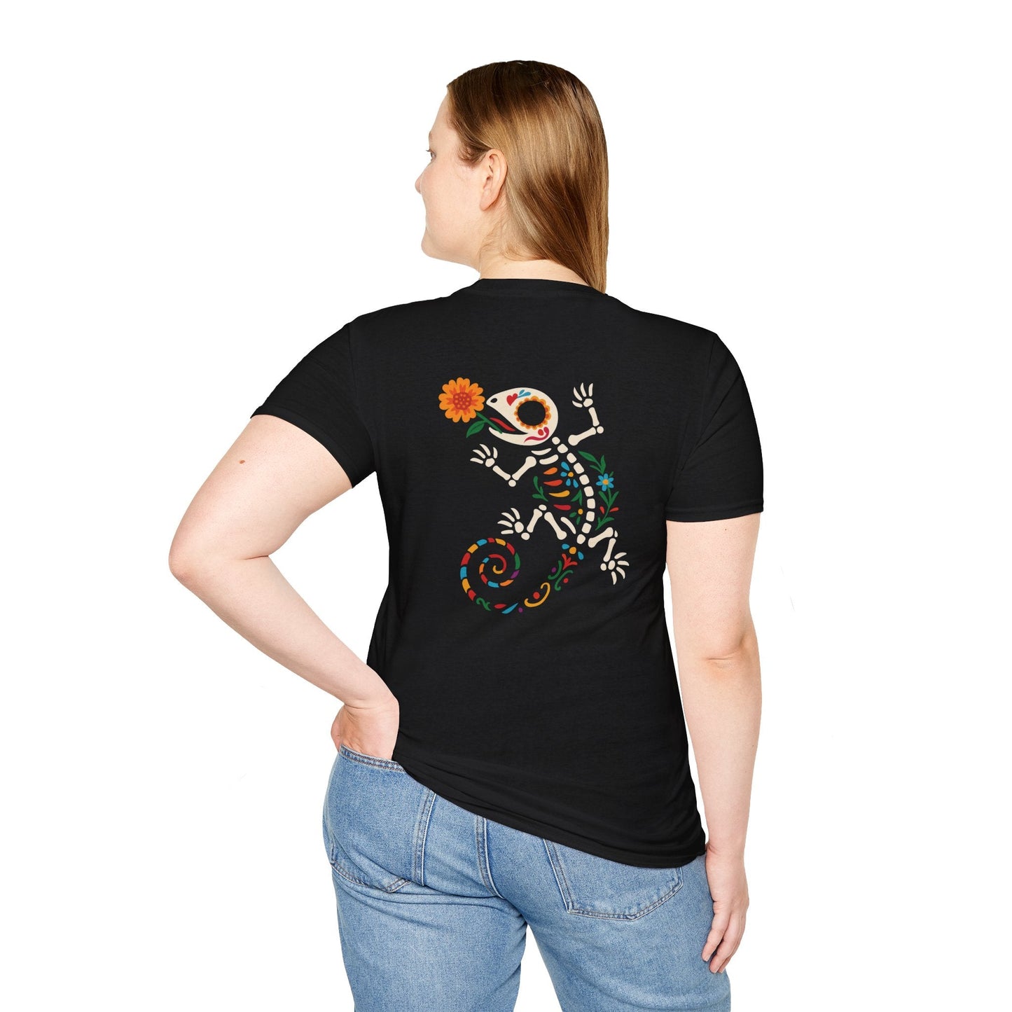 Sugar Skull Lizard Tee – Floral Skeleton Charm with Day of the Dead Vibes | Lizard Designs Shirt – Black T-Shirt for casual wear (10 view)