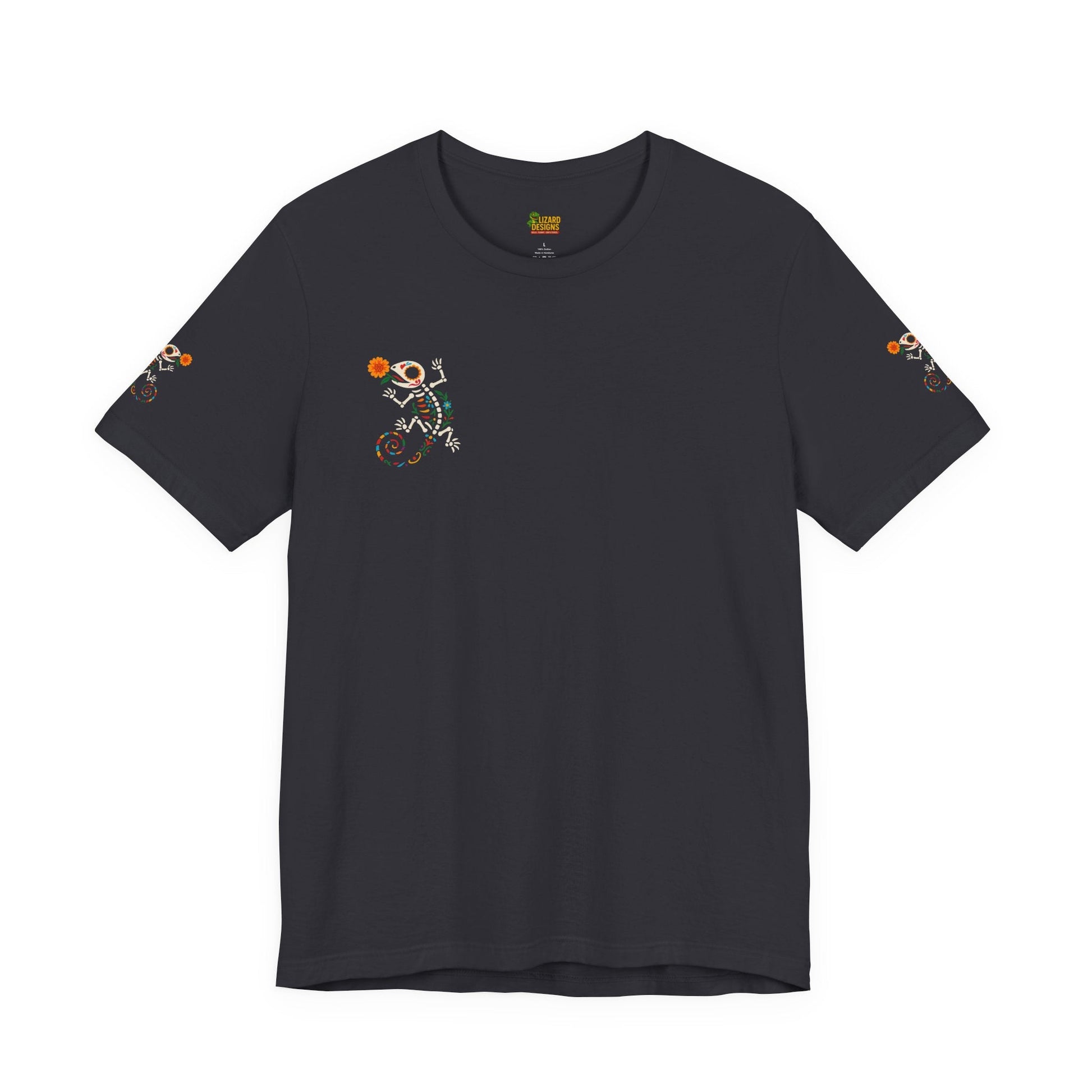 Sugar Skull Lizard Tee – Floral Skeleton Charm with Day of the Dead Vibes | Lizard Designs Shirt – Dark Grey T-Shirt by Printify