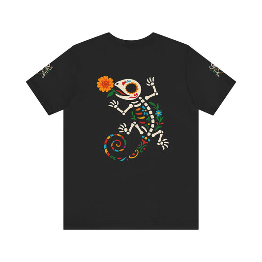 Sugar Skull Lizard Tee – Floral Skeleton Charm with Day of the Dead Vibes | Lizard Designs Shirt – Black T-Shirt by Printify