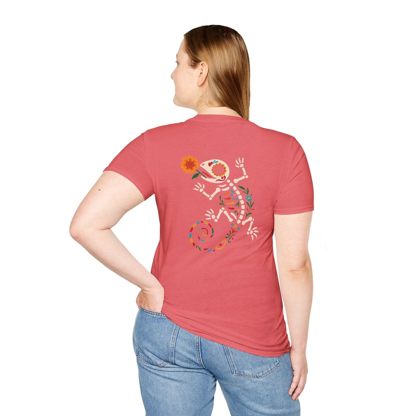 Sugar Skull Lizard Tee – Floral Skeleton Charm with Day of the Dead Vibes | Lizard Designs Shirt – Coral Silk T-Shirt for casual wear (15 view)