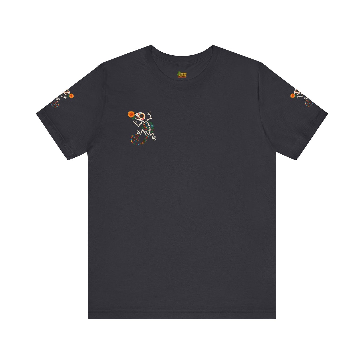 Sugar Skull Lizard Tee – Floral Skeleton Charm with Day of the Dead Vibes | Lizard Designs Shirt – Dark Grey T-Shirt by Printify