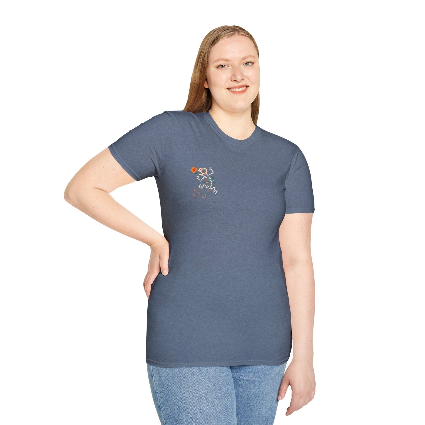 Sugar Skull Lizard Tee – Floral Skeleton Charm with Day of the Dead Vibes | Lizard Designs Shirt – Heather Indigo T-Shirt for casual wear (34 view)