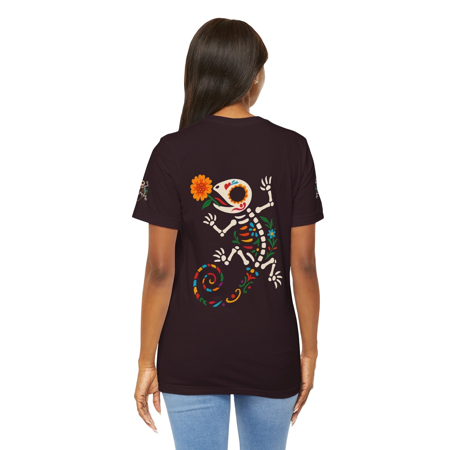 Sugar Skull Lizard Tee – Floral Skeleton Charm with Day of the Dead Vibes | Lizard Designs Shirt – Oxblood Black T-Shirt by Printify