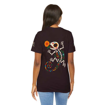 Sugar Skull Lizard Tee – Floral Skeleton Charm with Day of the Dead Vibes | Lizard Designs Shirt – Oxblood Black T-Shirt by Printify