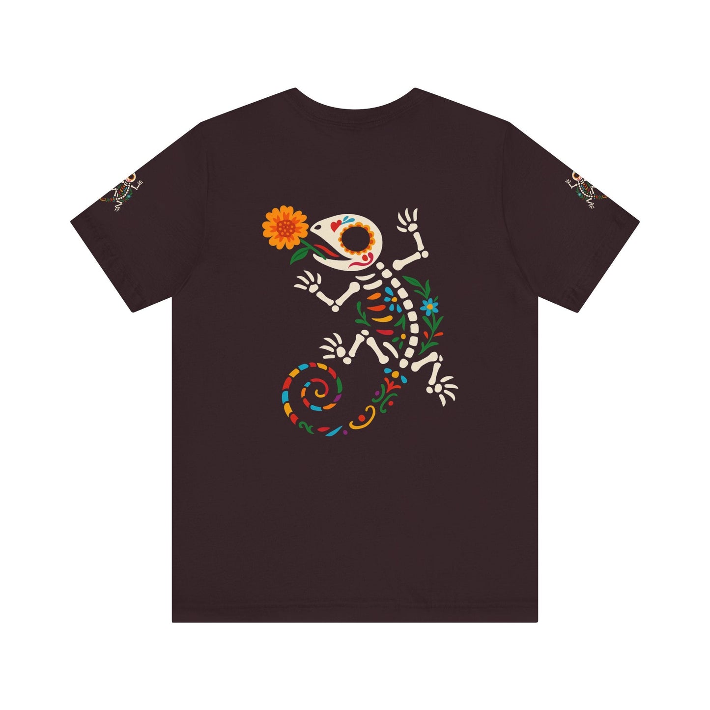 Sugar Skull Lizard Tee – Floral Skeleton Charm with Day of the Dead Vibes | Lizard Designs Shirt – Oxblood Black T-Shirt by Printify