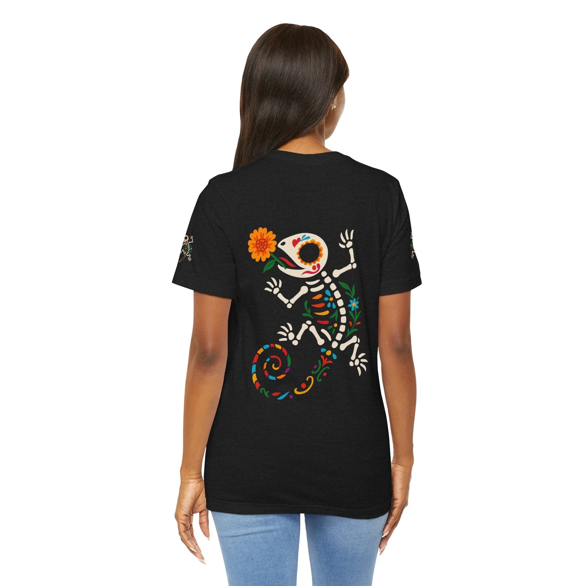 Sugar Skull Lizard Tee – Floral Skeleton Charm with Day of the Dead Vibes | Lizard Designs Shirt – Solid Black Blend T-Shirt by Printify