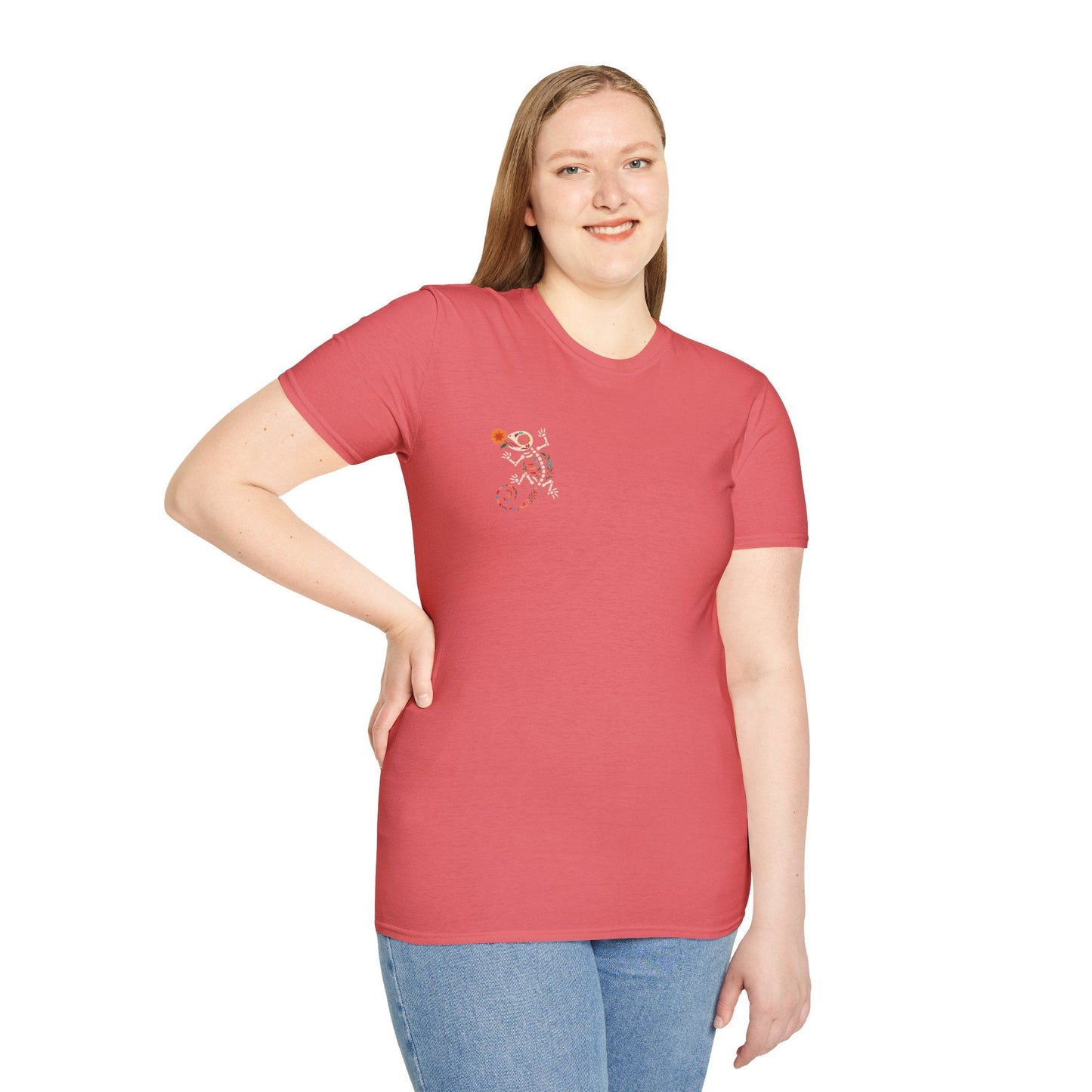 Sugar Skull Lizard Tee – Floral Skeleton Charm with Day of the Dead Vibes | Lizard Designs Shirt – Coral Silk T-Shirt for casual wear (14 view)