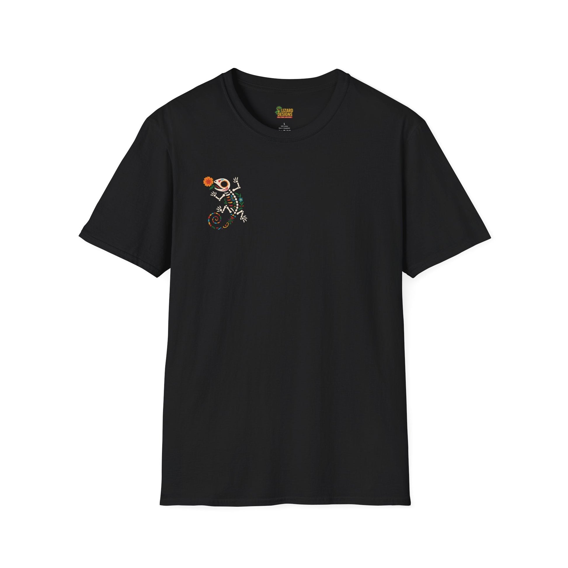 Sugar Skull Lizard Tee – Floral Skeleton Charm with Day of the Dead Vibes | Lizard Designs Shirt – Black T-Shirt for casual wear (6 view)