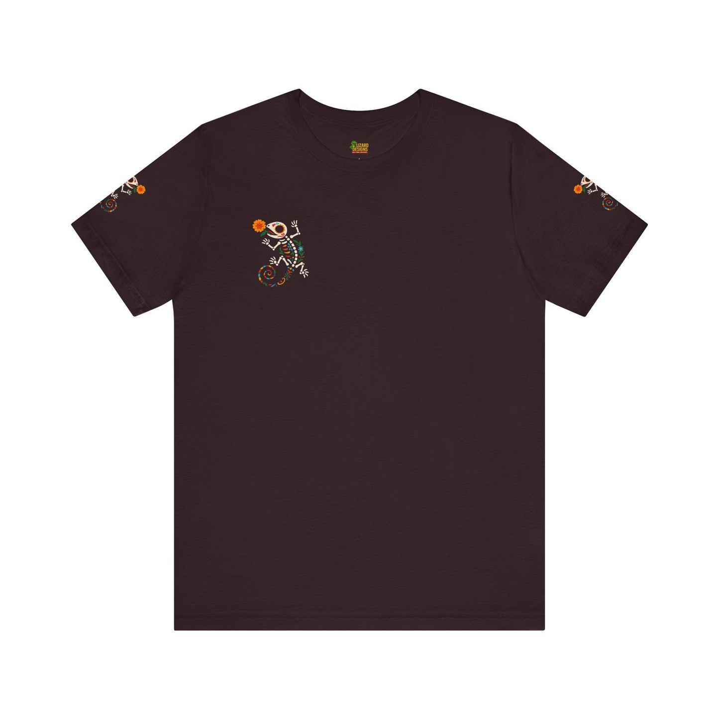 Sugar Skull Lizard Tee – Floral Skeleton Charm with Day of the Dead Vibes | Lizard Designs Shirt – Oxblood Black T-Shirt by Printify