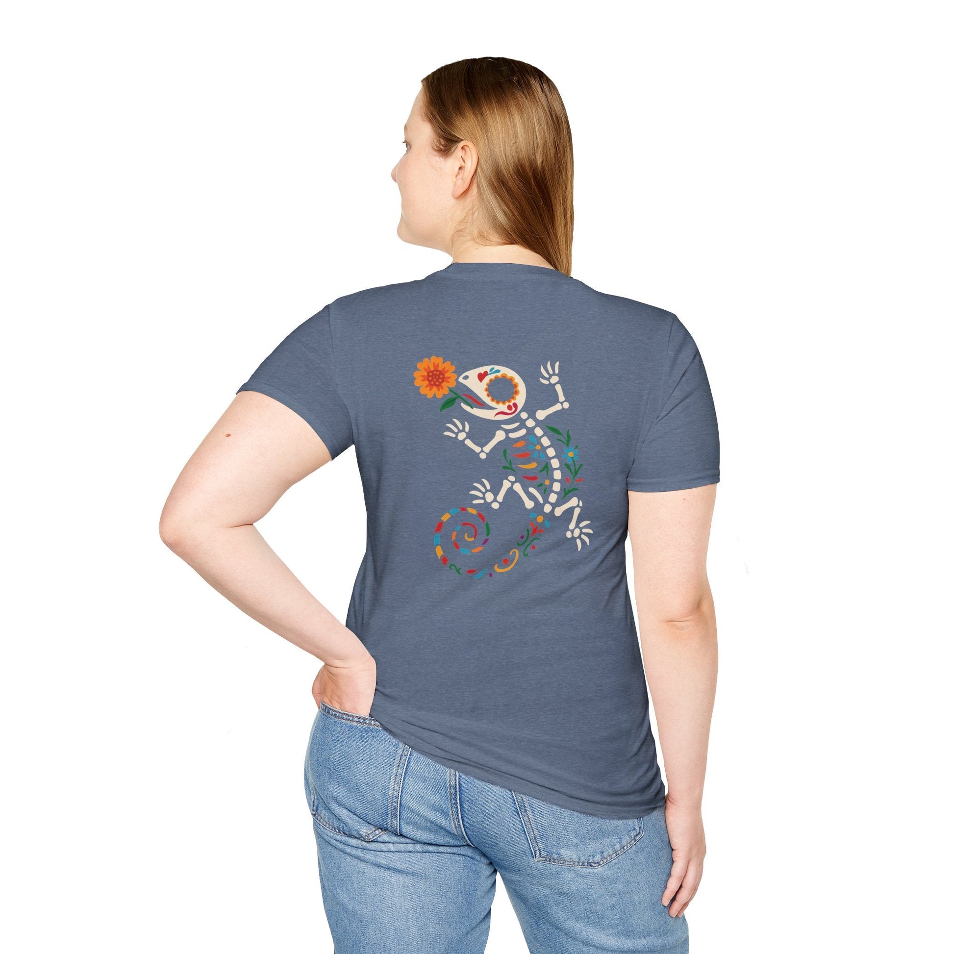 Sugar Skull Lizard Tee – Floral Skeleton Charm with Day of the Dead Vibes | Lizard Designs Shirt – Heather Indigo T-Shirt for casual wear (35 view)