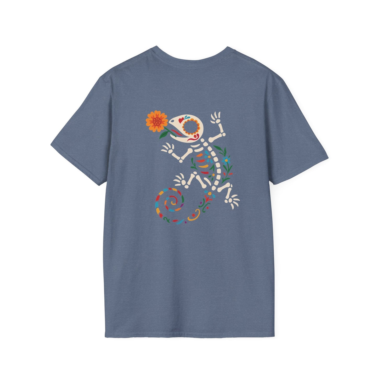 Sugar Skull Lizard Tee – Floral Skeleton Charm with Day of the Dead Vibes | Lizard Designs Shirt – Heather Indigo T-Shirt for casual wear (32 view)